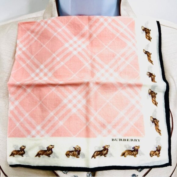 New  Burberrys  Miniscarf/handkerchief  19.5" Square Cotton Pink Check W/DOGS(17 - Picture 1 of 5